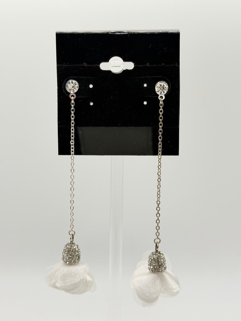 Silver Rhinestone Flower Drop Earrings | White Chiffon | Statement